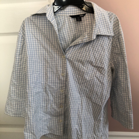 H&M US 8 Baby Blue and White Plaid Collared Buttoned Blouse 97% Cotton - Picture 2 of 12